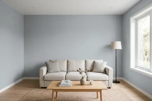 Living room with walls painted Sherwin-Williams Network Gray SW 7073 (simulated)
