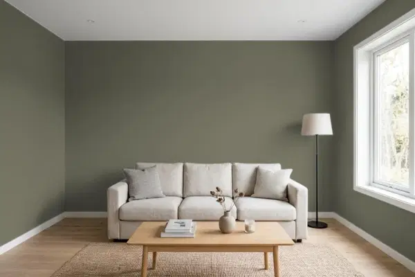 Living room with walls painted PPG Paints Nevergreen 1031-6 (simulated)