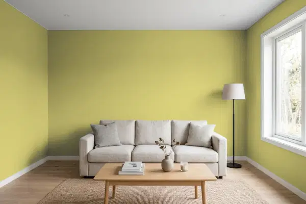 Living room with walls painted Valspar New Avocado 6007-6A (simulated)