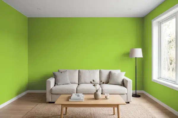 Living room with walls painted Behr New Green 420B-6 (simulated)