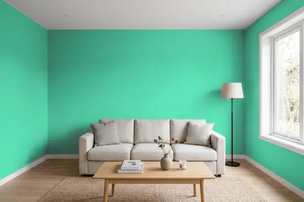 Living room with walls painted Valspar New Meadow 6002-10B (simulated)
