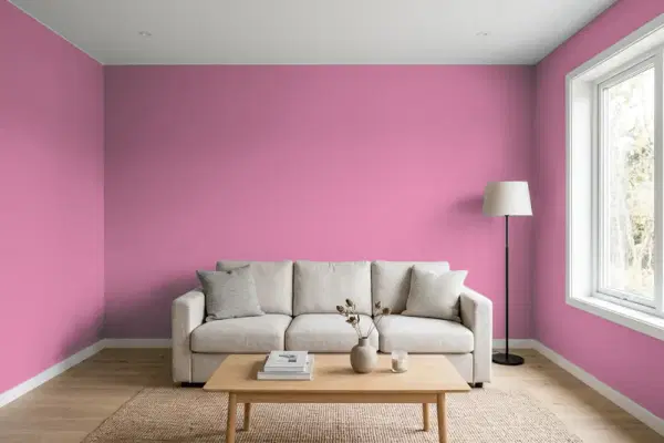 Living room with walls painted Valspar Nice Berry 1005-3B (simulated)
