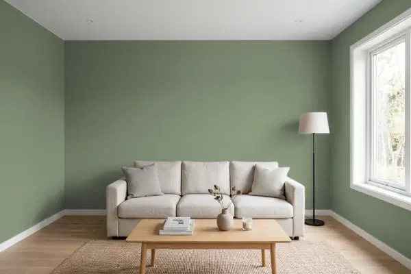 Living room with walls painted Benjamin Moore Nicolson Green CW-500 (simulated)