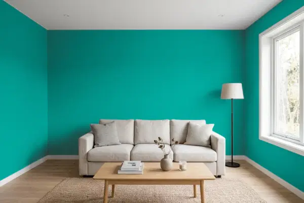 Living room with walls painted Sherwin-Williams Nifty Turquoise SW 6941 (simulated)