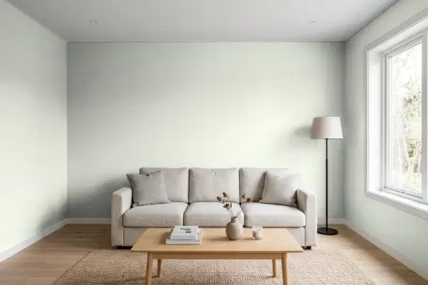 Living room with walls painted Benjamin Moore Night Mist 1569 (simulated)