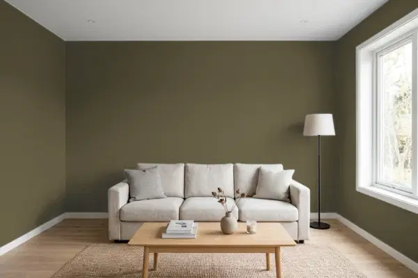 Living room with walls painted Benjamin Moore Night Owl CC-662 (simulated)
