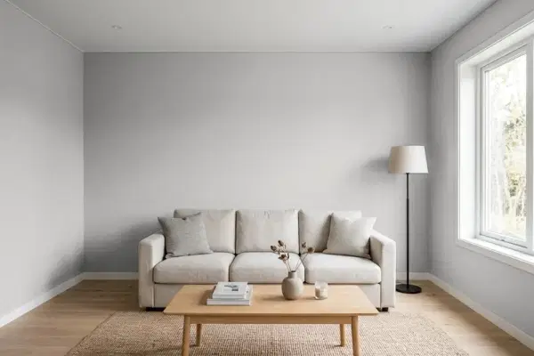 Living room with walls painted Benjamin Moore Nightingale AF-670 (simulated)