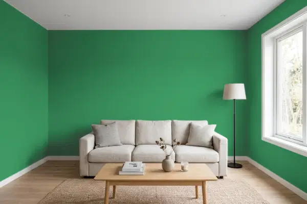 Living room with walls painted Benjamin Moore Nile Green 2035-30 (simulated)