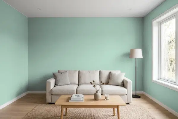 Living room with walls painted Behr Nile River S420-3 (simulated)