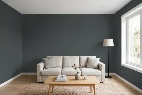 Living room with walls painted Valspar Nocturnal Green 5011-1 (simulated)