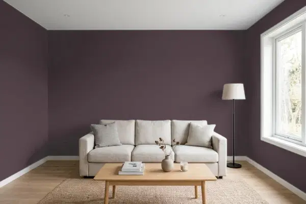 Living room with walls painted Behr Nocturne Shade T18-04 (simulated)