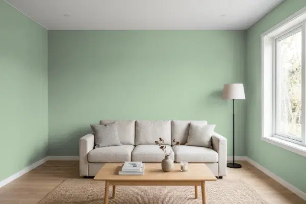 Living room with walls painted Benjamin Moore Norway Spruce 452 (simulated)
