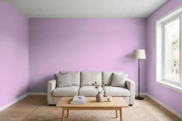 Living room with walls painted Sherwin-Williams Novel Lilac SW 6836 (simulated)