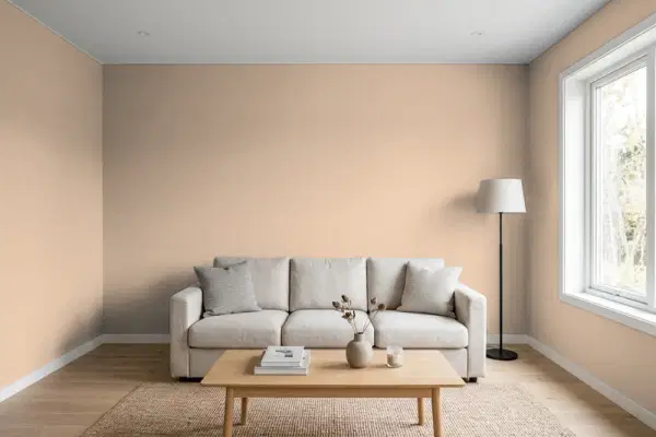 Living room with walls painted Benjamin Moore Nubuck CC-366 (simulated)