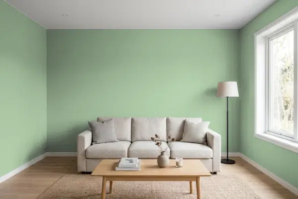 Living room with walls painted Sherwin-Williams Nurture Green SW 6451 (simulated)