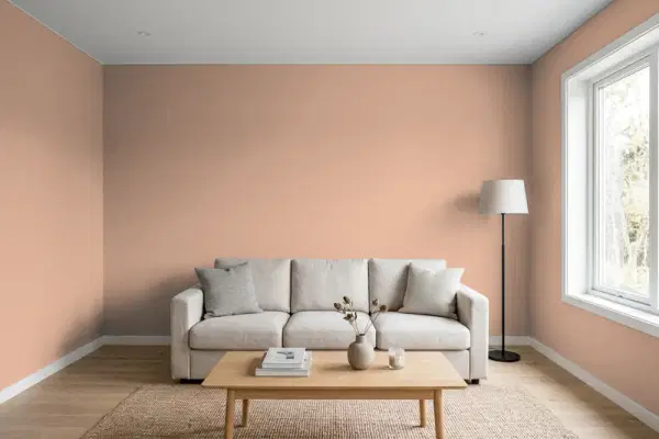 Living room with walls painted Benjamin Moore Nutmeg 1227 (simulated)