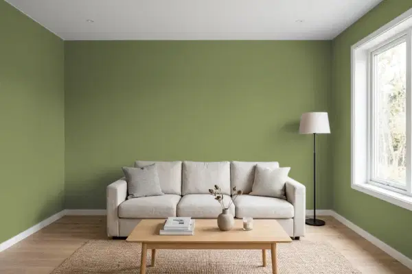 Living room with walls painted Benjamin Moore Oak Grove 489 (simulated)