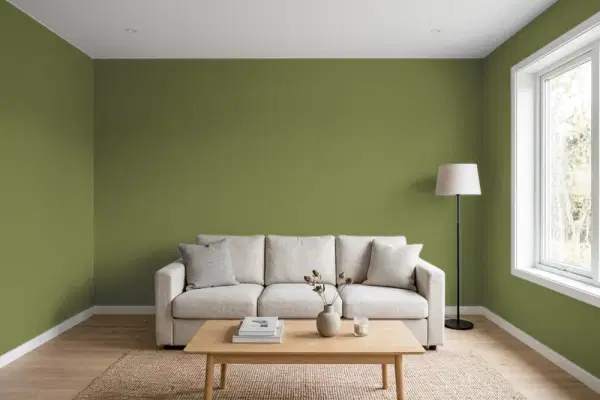 Living room with walls painted PPG Paints Oakmoss 1122-7 (simulated)