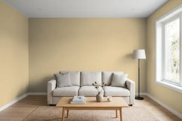 Living room with walls painted Behr Oat Field S320-4 (simulated)