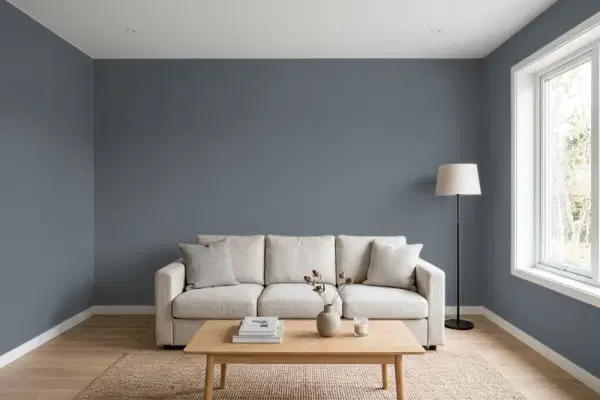 Living room with walls painted Benjamin Moore Ocean Floor 1630 (simulated)