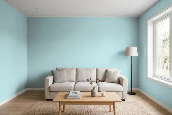 Living room with walls painted Behr Ocean Kiss 510E-3 (simulated)