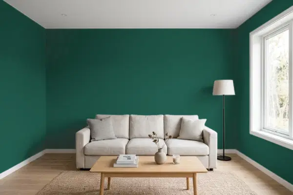 Living room with walls painted Benjamin Moore Ocean Tropic 2052-10 (simulated)