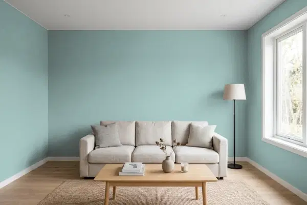 Living room with walls painted Behr Oceanus HDC-CL-25 (simulated)