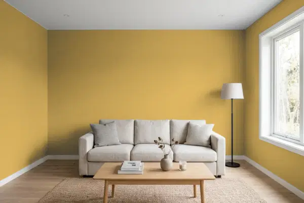 Living room with walls painted Benjamin Moore Ochre 2151-30 (simulated)
