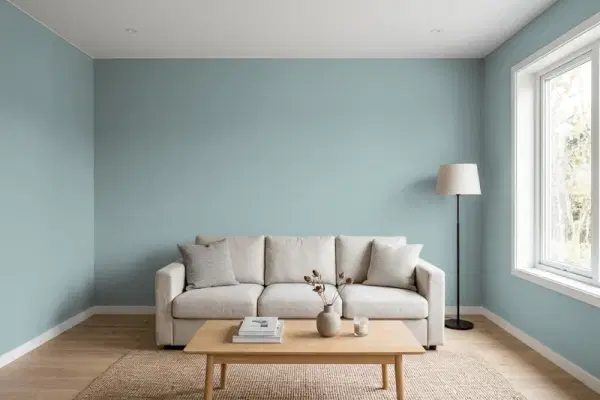 Living room with walls painted Behr October Sky N440-4 (simulated)