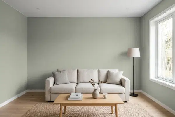 Living room with walls painted Benjamin Moore Oilcloth CSP-760 (simulated)