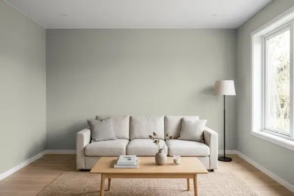 Living room with walls painted Behr Old Celadon PPU25-05 (simulated)