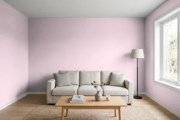 Living room with walls painted PPG Paints Old Mission Pink 1046-3 (simulated)