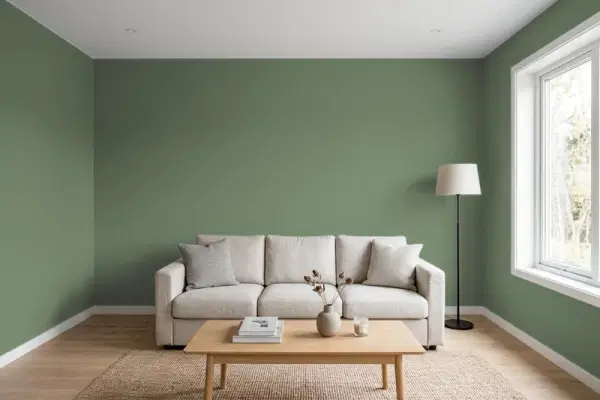 Living room with walls painted Behr Old Vine 440F-6 (simulated)