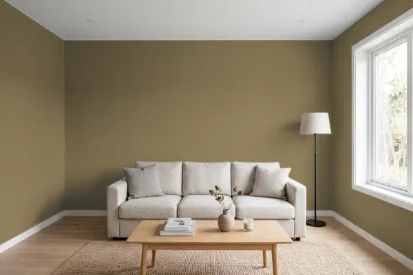 Living room with walls painted Behr Olive PPU8-01 (simulated)