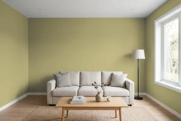 Living room with walls painted Valspar Olive Rush 6006-6B (simulated)