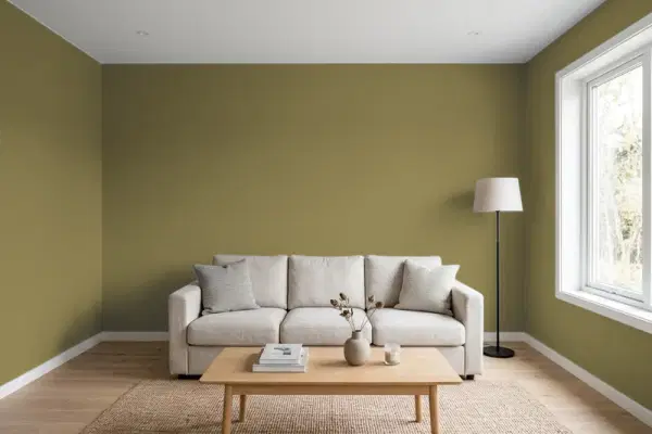Living room with walls painted Behr Olive Shade S330-7 (simulated)