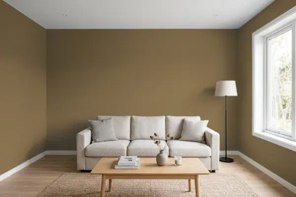 Living room with walls painted PPG Paints Olive Wood 1097-7 (simulated)