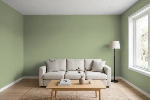 Living room with walls painted Behr Olivine 420F-5 (simulated)