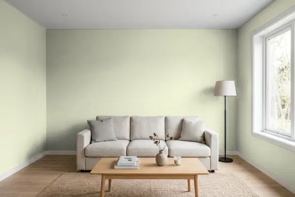 Living room with walls painted PPG Paints Only Olive 1123-4 (simulated)