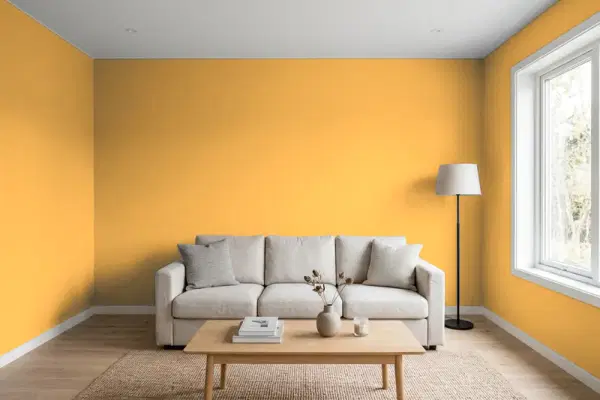 Living room with walls painted Behr Optimist Gold BIC-43 (simulated)