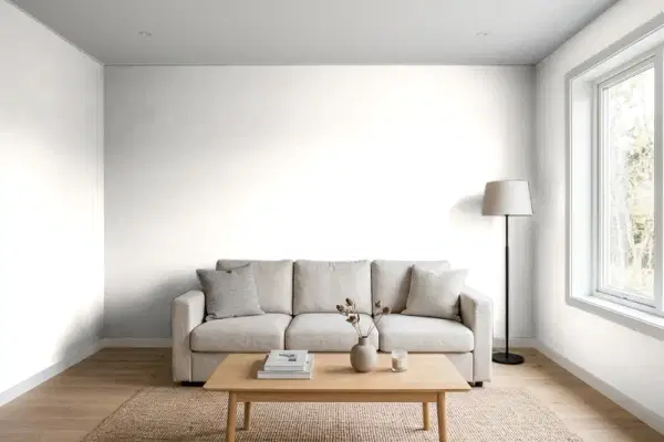 Living room with walls painted Benjamin Moore Opulence OC-69 (simulated)