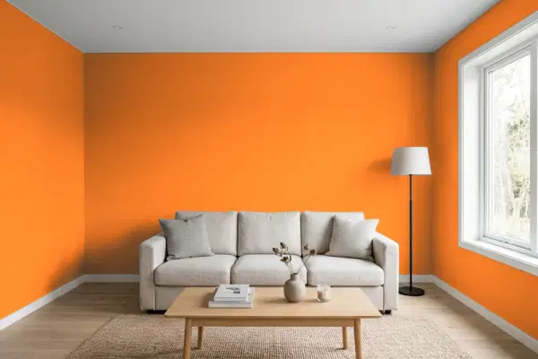Living room with walls painted Benjamin Moore Orange Burst 2015-20 (simulated)