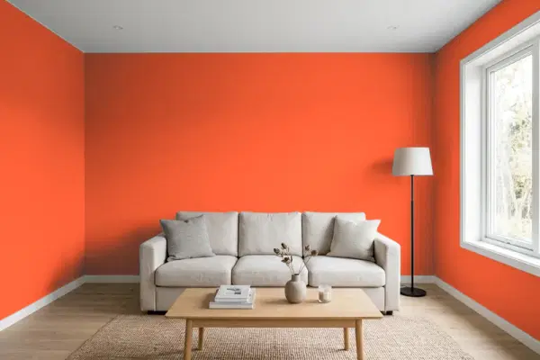 Living room with walls painted Benjamin Moore Orange Nectar 2013-20 (simulated)