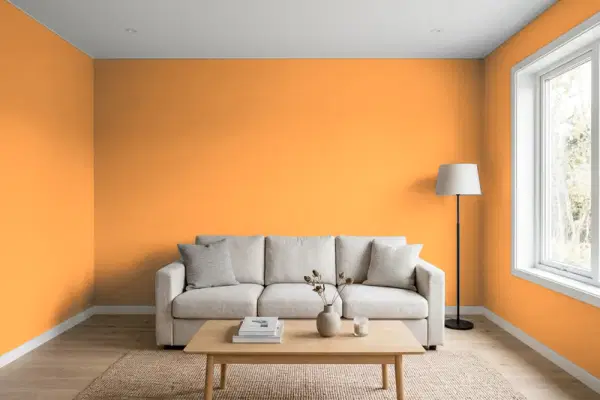 Living room with walls painted Valspar Orange Ochre 2010-1 (simulated)