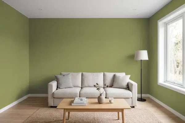 Living room with walls painted PPG Paints Oregano 1122-6 (simulated)