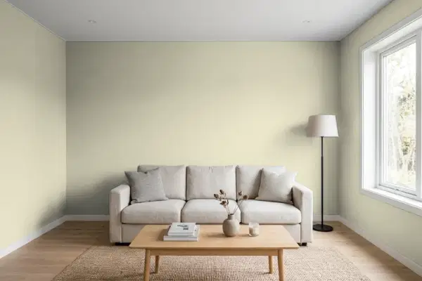 Living room with walls painted Behr Organic Field PPU9-19 (simulated)
