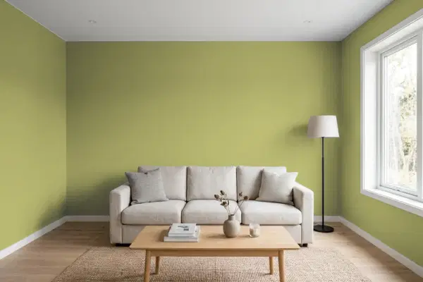 Living room with walls painted Valspar Organic Garden 6005-6B (simulated)