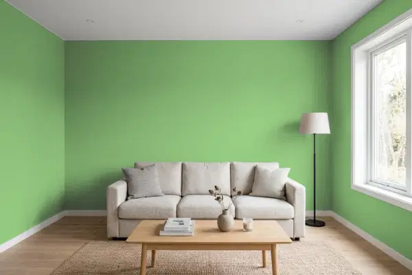 Living room with walls painted Sherwin-Williams Organic Green SW 6732 (simulated)