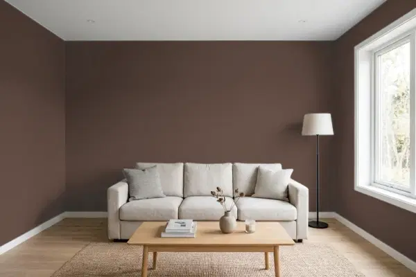 Living room with walls painted Sherwin-Williams Otter SW 6041 (simulated)