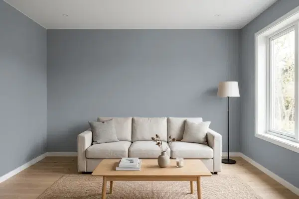 Living room with walls painted Behr Overcast PPU26-21 (simulated)